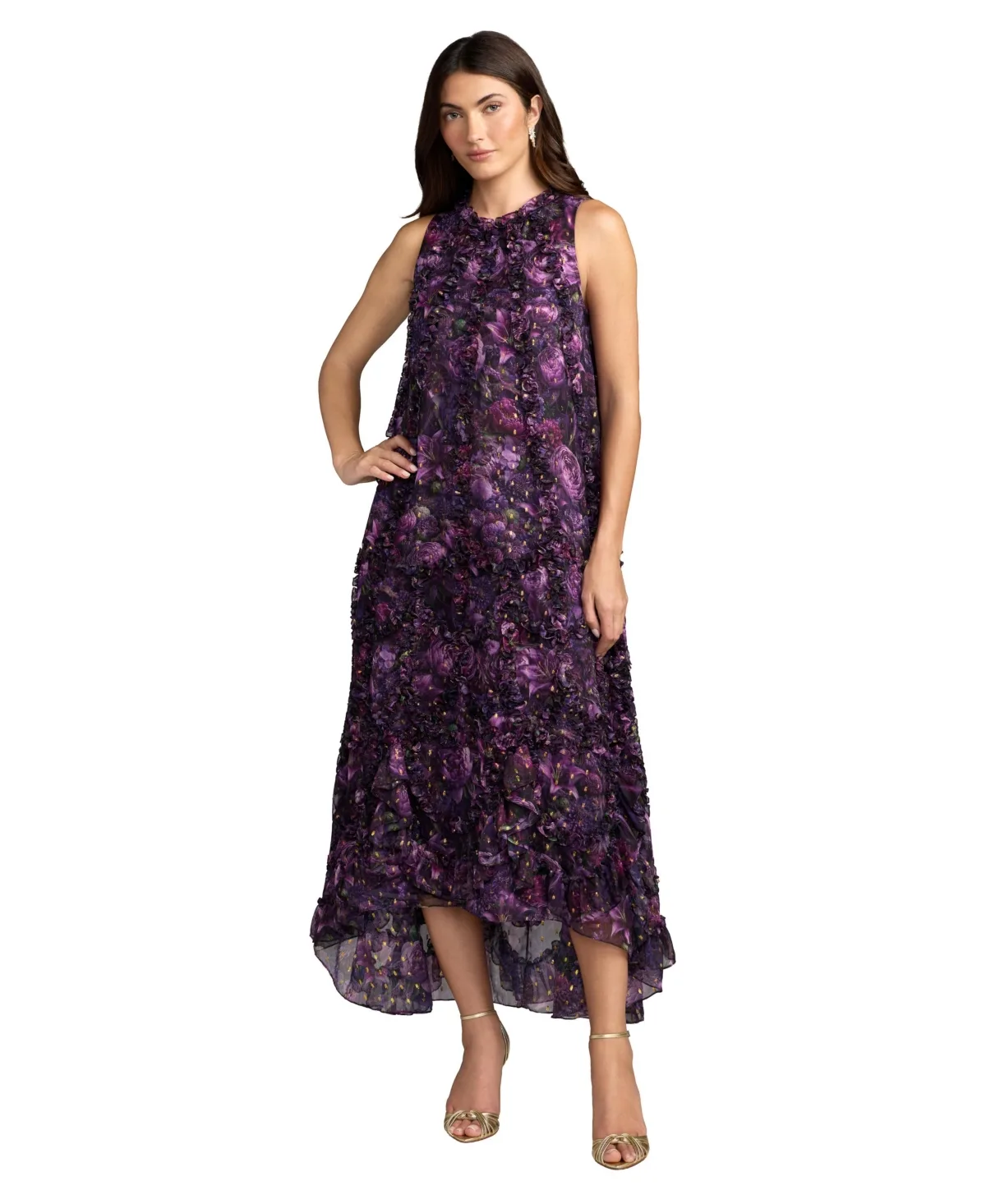 Floral-Print Chiffon High-Low Micro-Ruffle Gown by M.A.C.