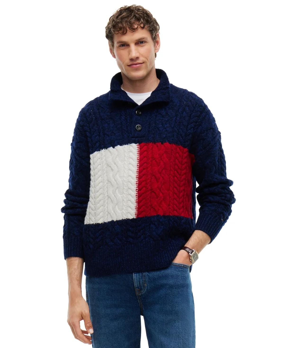 Cable-Knit Mock Neck Wool-Blend Sweater by Tommy Hilfiger