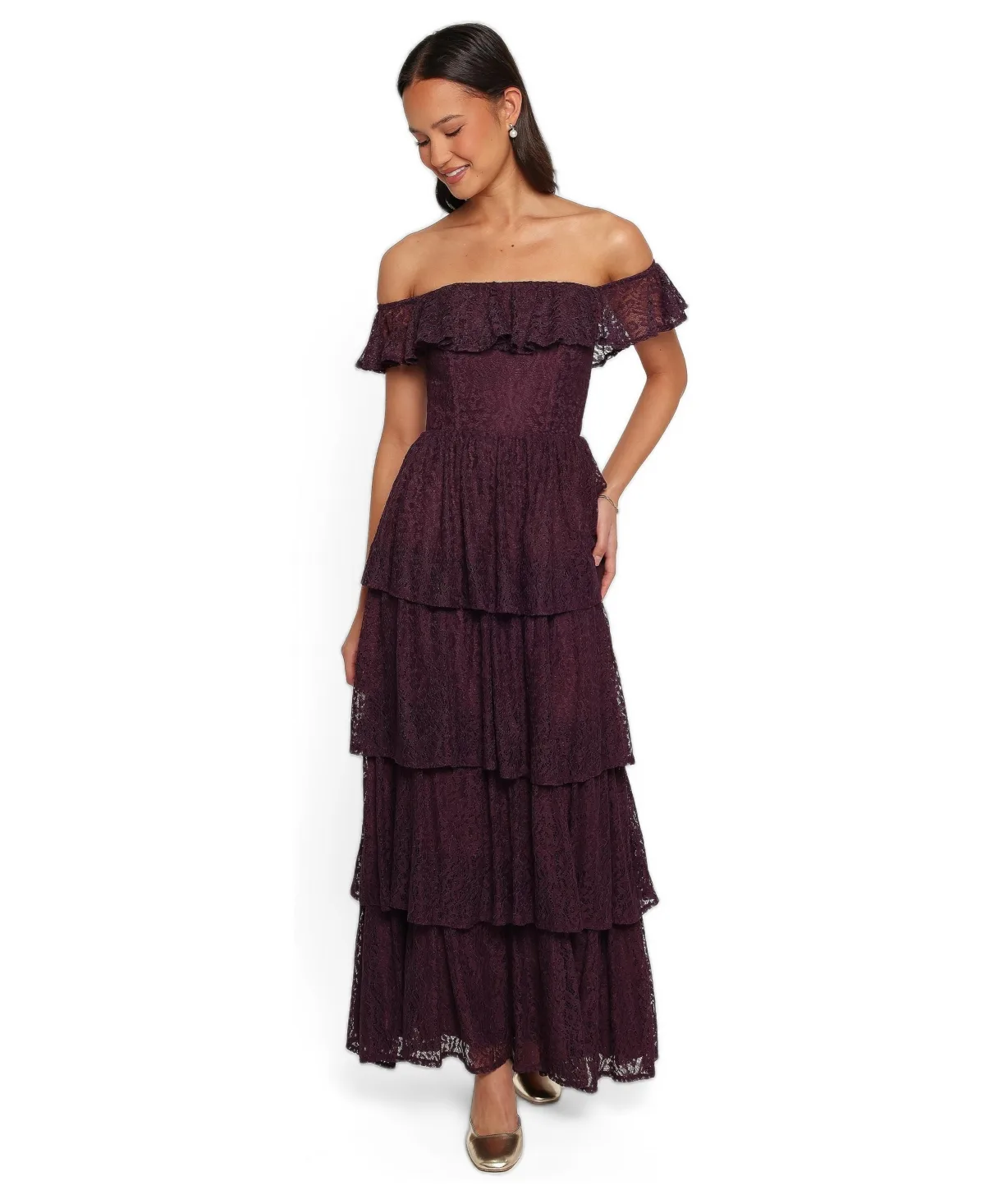 Miravelle Off-the-Shoulder Tiered Lace Maxi Dress by Petal and Pup