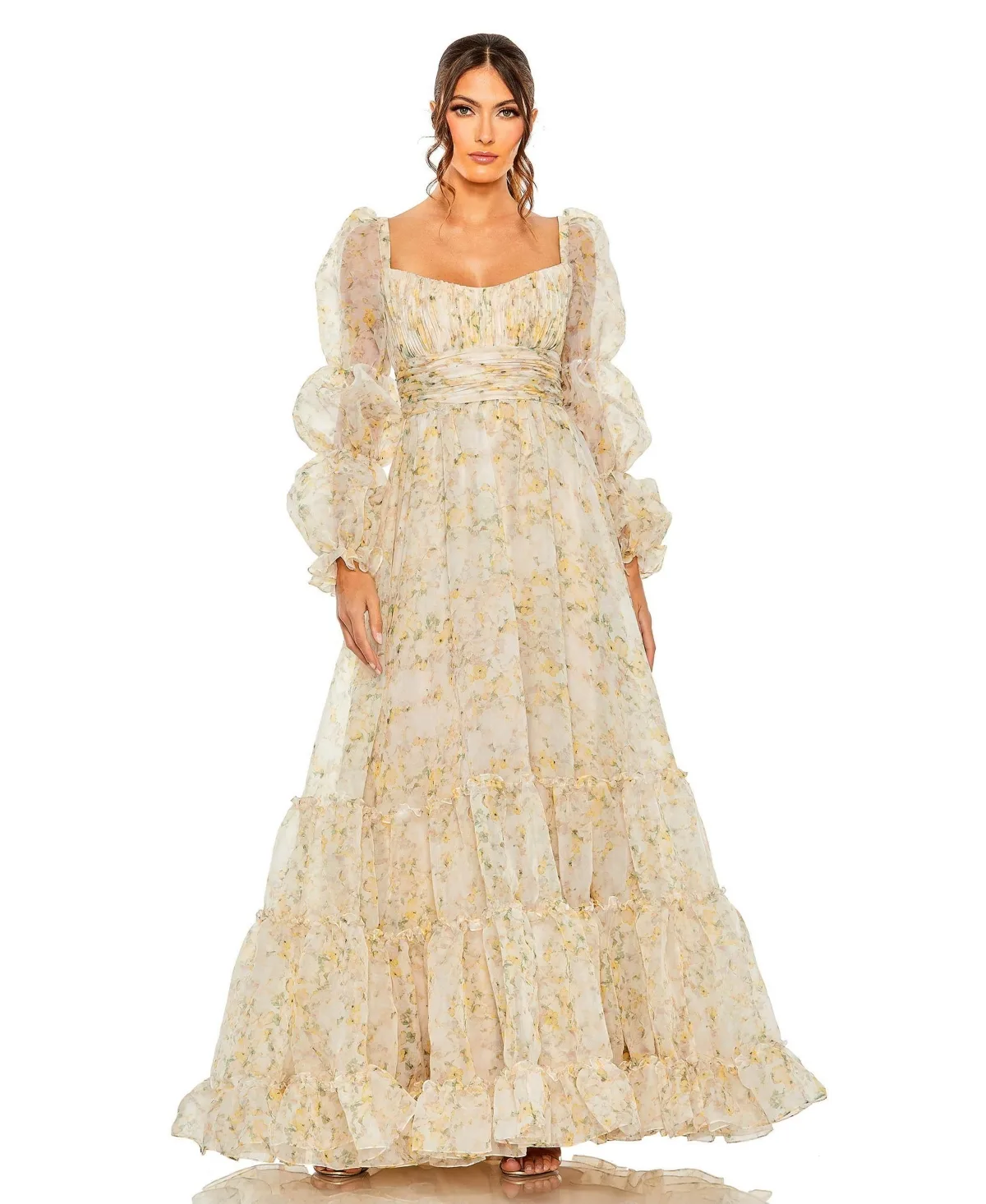 Mac Duggal Sweetheart Balloon Sleeve Chiffon Tiered Gown