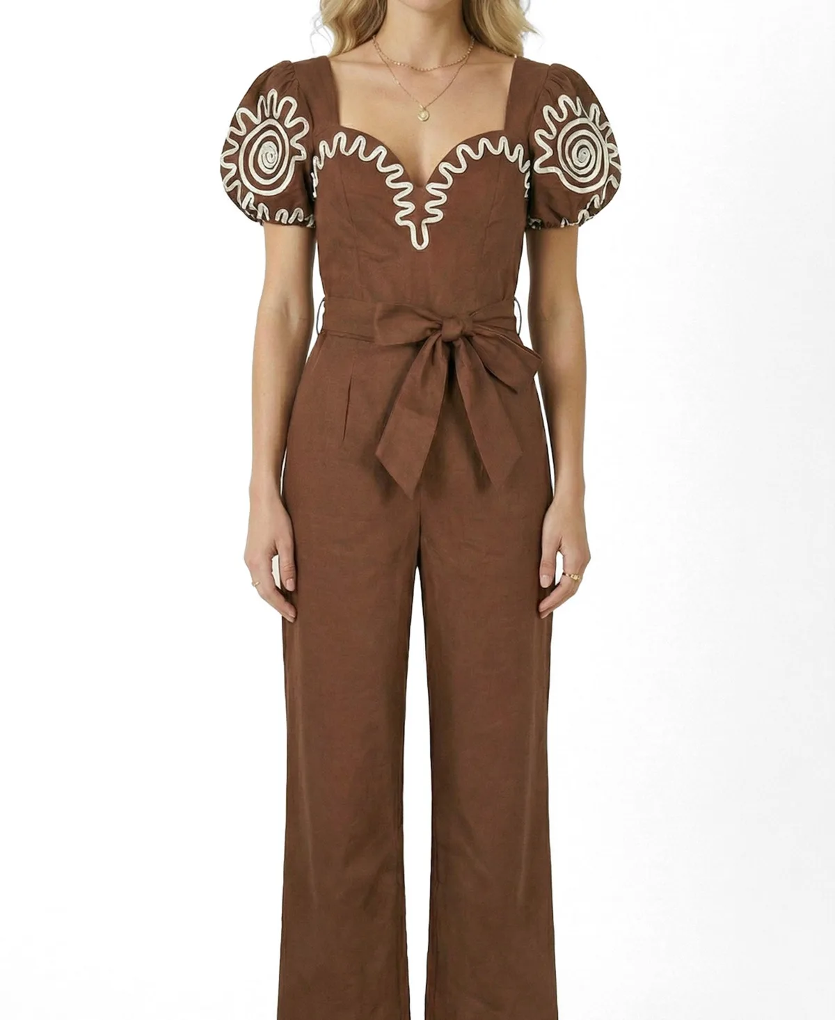 Embroidered Puff-Sleeve Tie-Waist Jumpsuit by Modenaire
