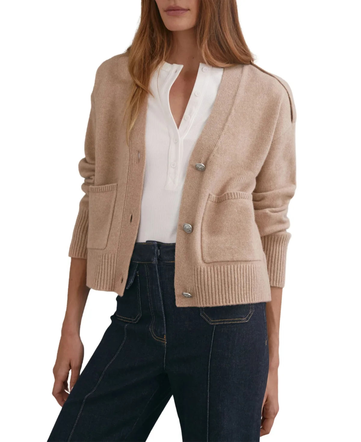 Button Detail Dropped Shoulder Patch Pocket V-Neck Cardigan Sweater by Reiss