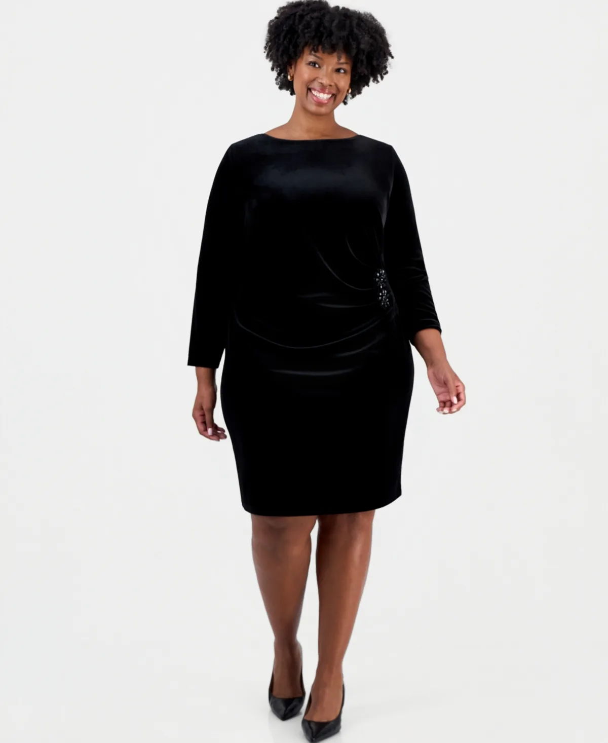 Long-Sleeve Velvet Side-Pleat Dress by Kasper