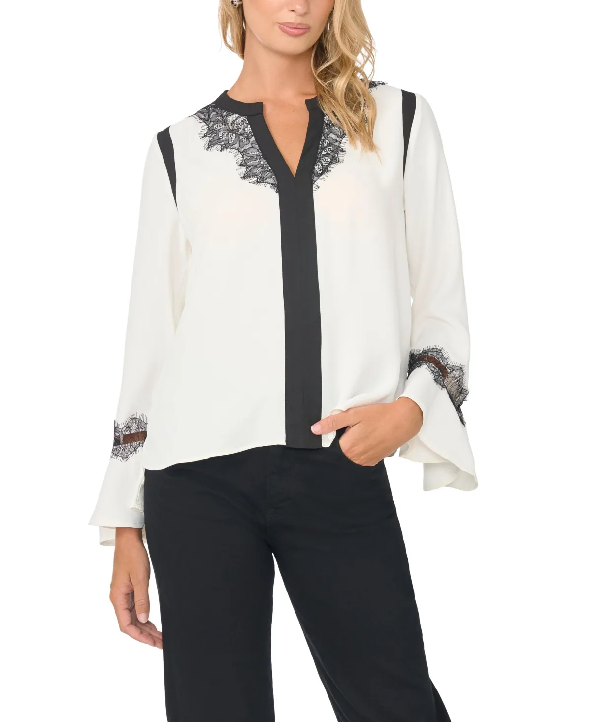 V-Neck Lace-Applique Flutter-Cuff Blouse by Vince Camuto