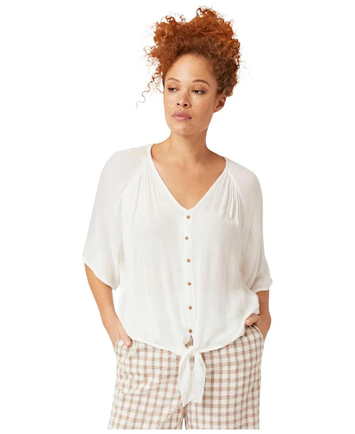 V-Neck Crinkle Tie-Front Elbow-Sleeve Blouse by Ellos