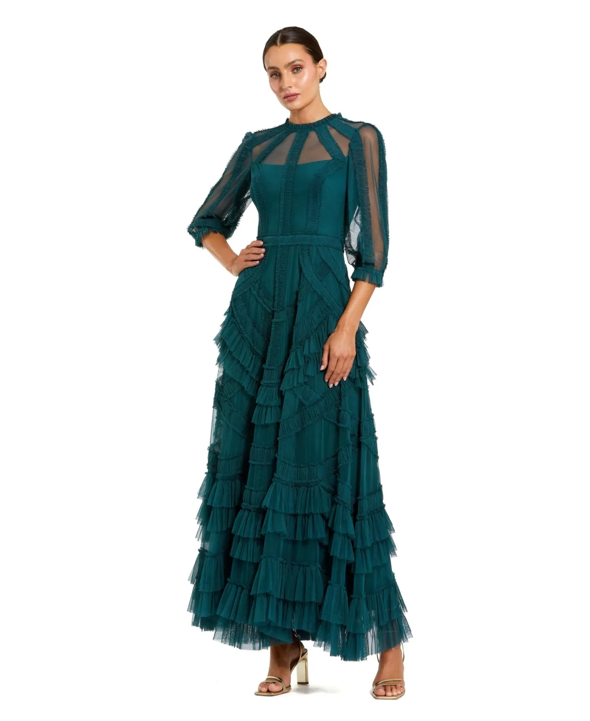 Sleeve Tiered Ruffle Mesh Gown by M.A.C.