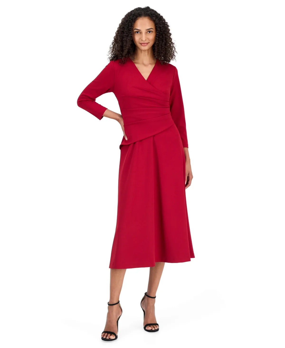 V-Neck 3/4-Sleeve A-Line Midi Dress