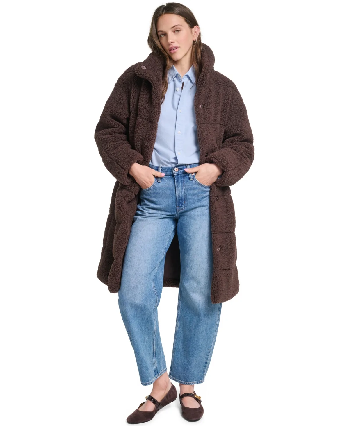 Long Sherpa Snap-Closure Teddy Coat