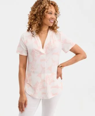 Printed Short Sleeve V Neck Knit Top by JM Collection