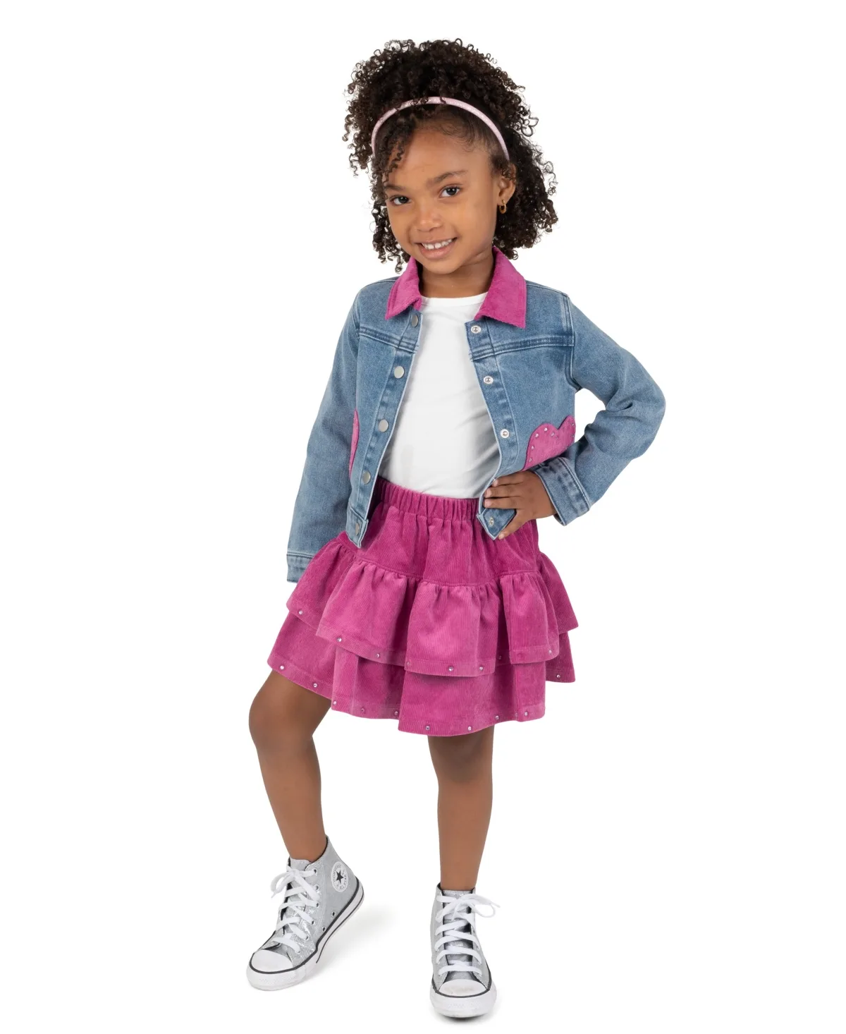 Rhinestone Denim Jacket, T-Shirt, and Corduroy Skirt, 3-Piece Set by Rare Editions