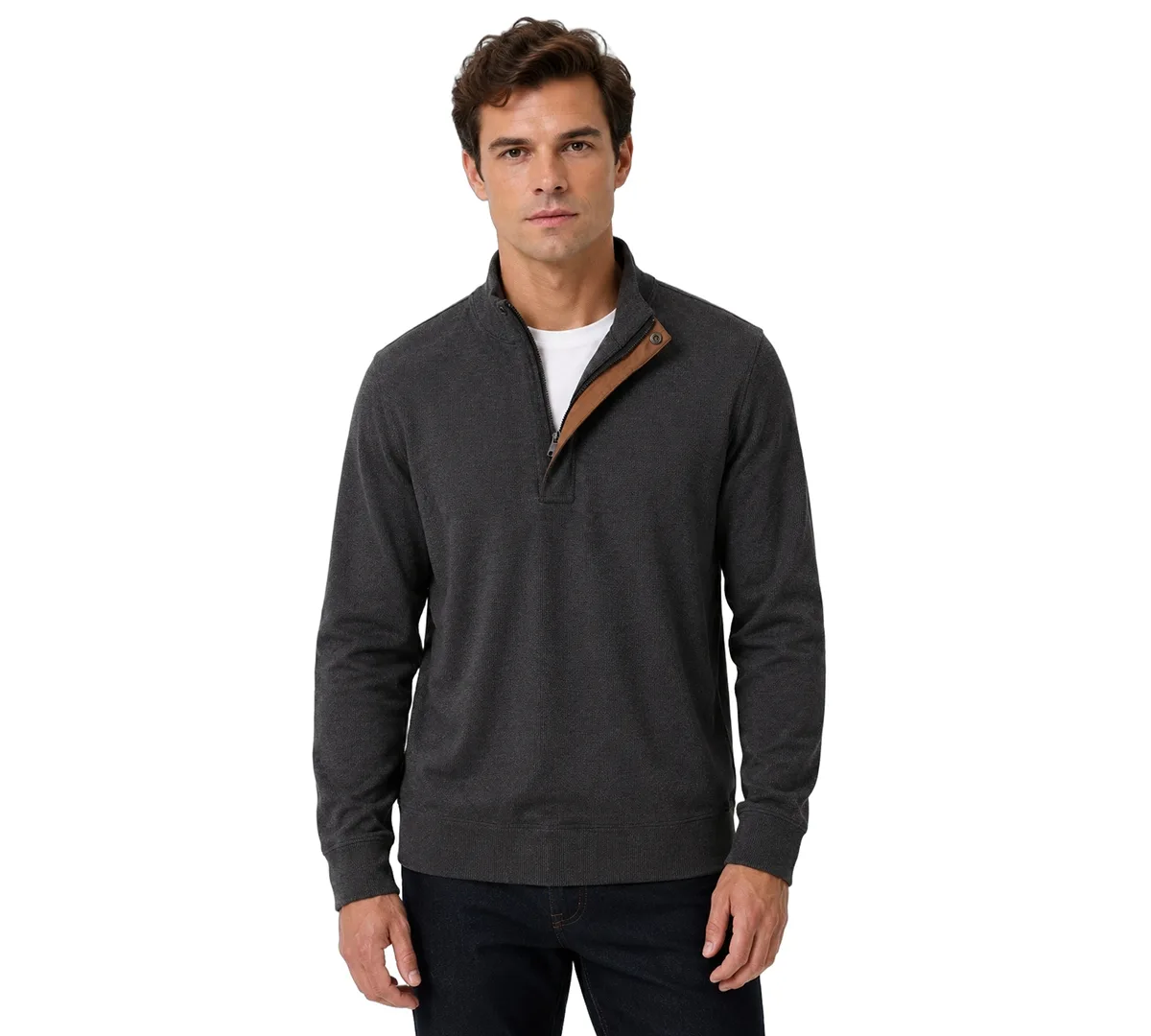 Mock Neck Herringbone Half-Zip Pullover