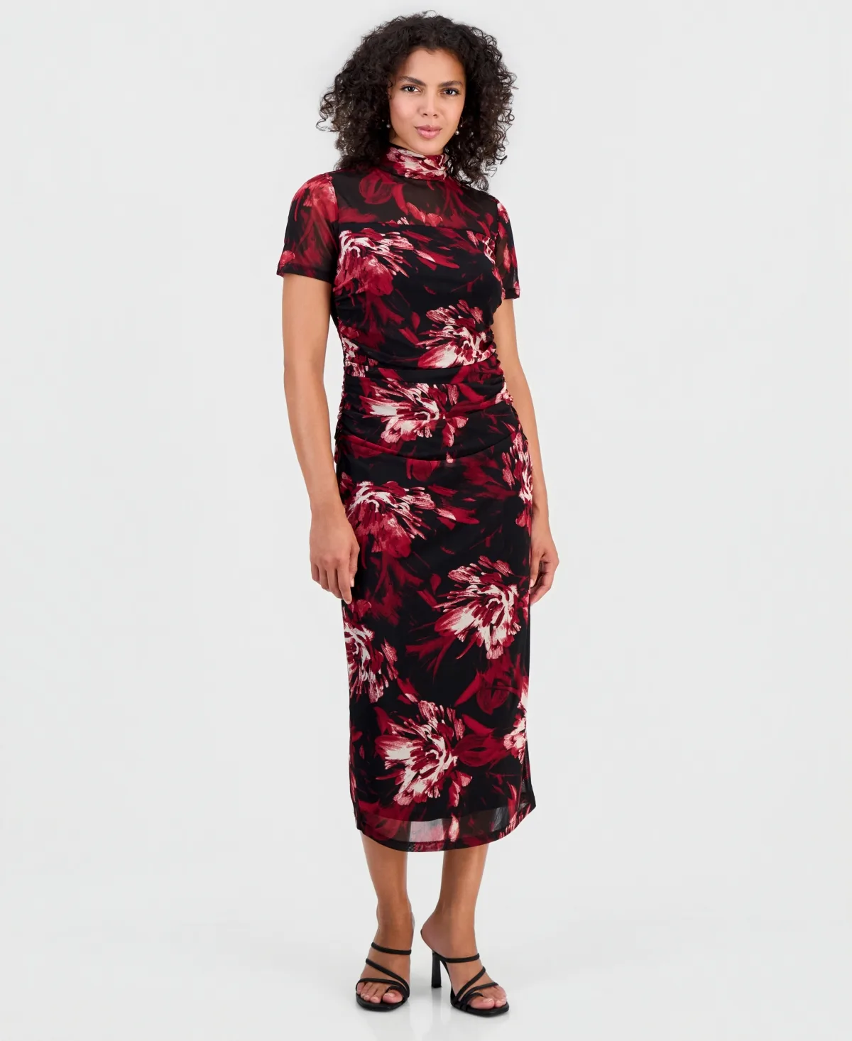 Floral-Print Short-Sleeve Mesh Dress by Bar III