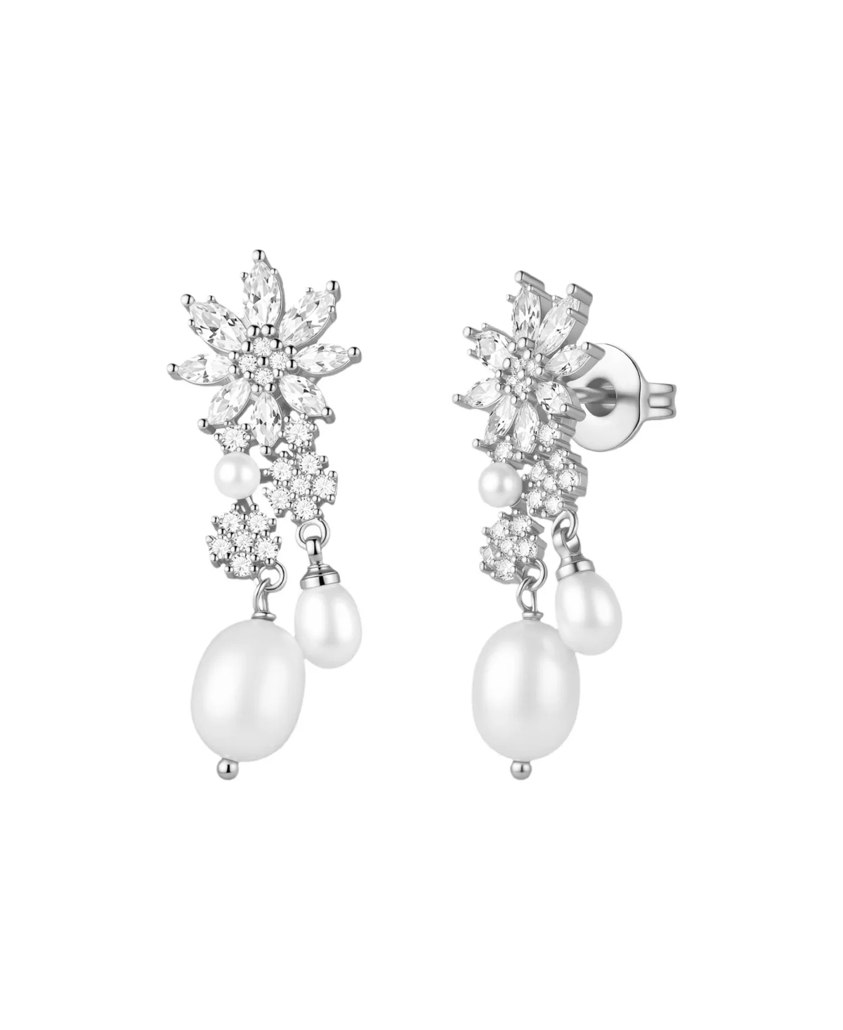 Faux Pearl and Crystal Silver-Tone Floral Drop Earrings by Untamed Petals