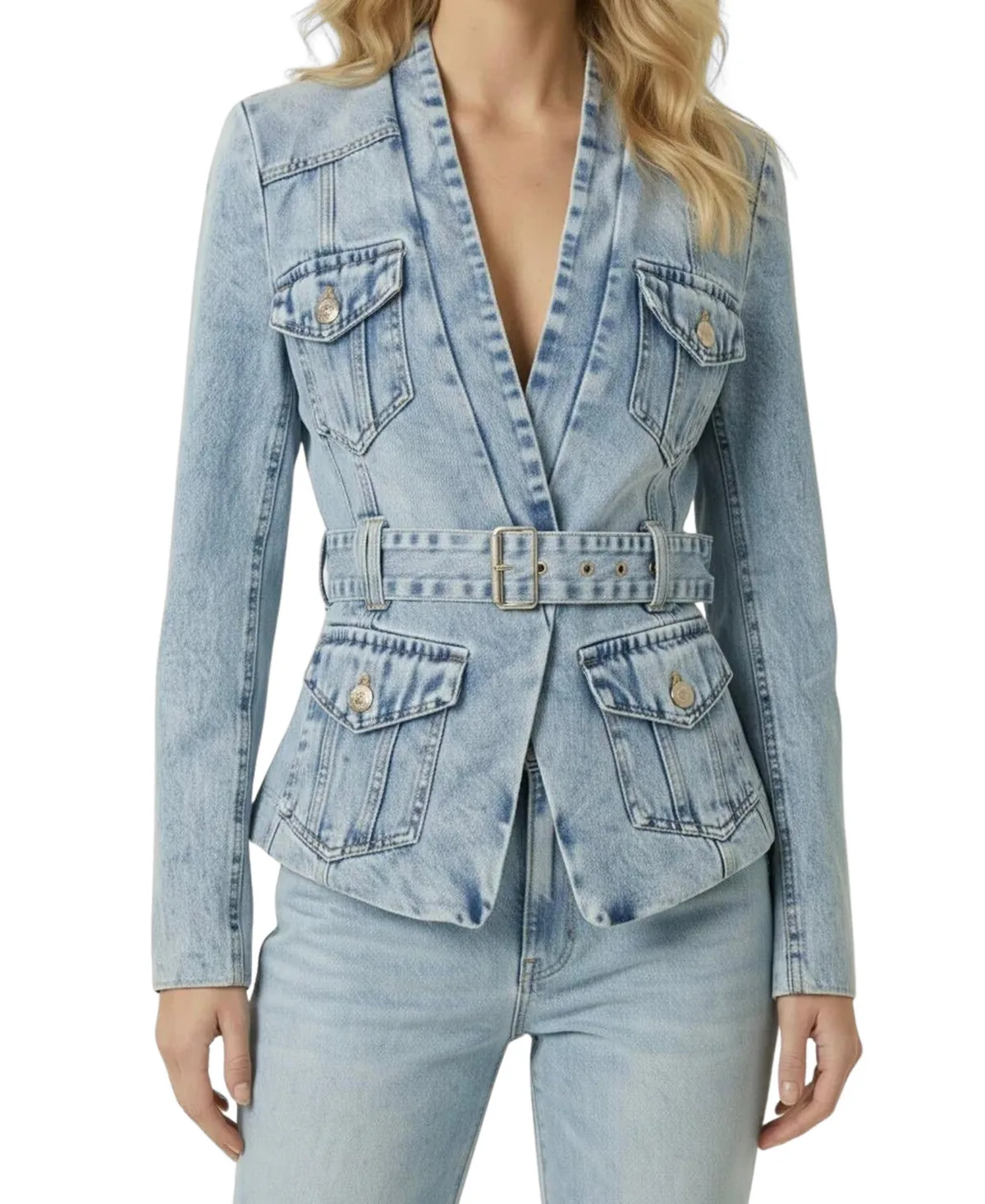 Denim Belted Utility-Pocket Blazer by Modenaire