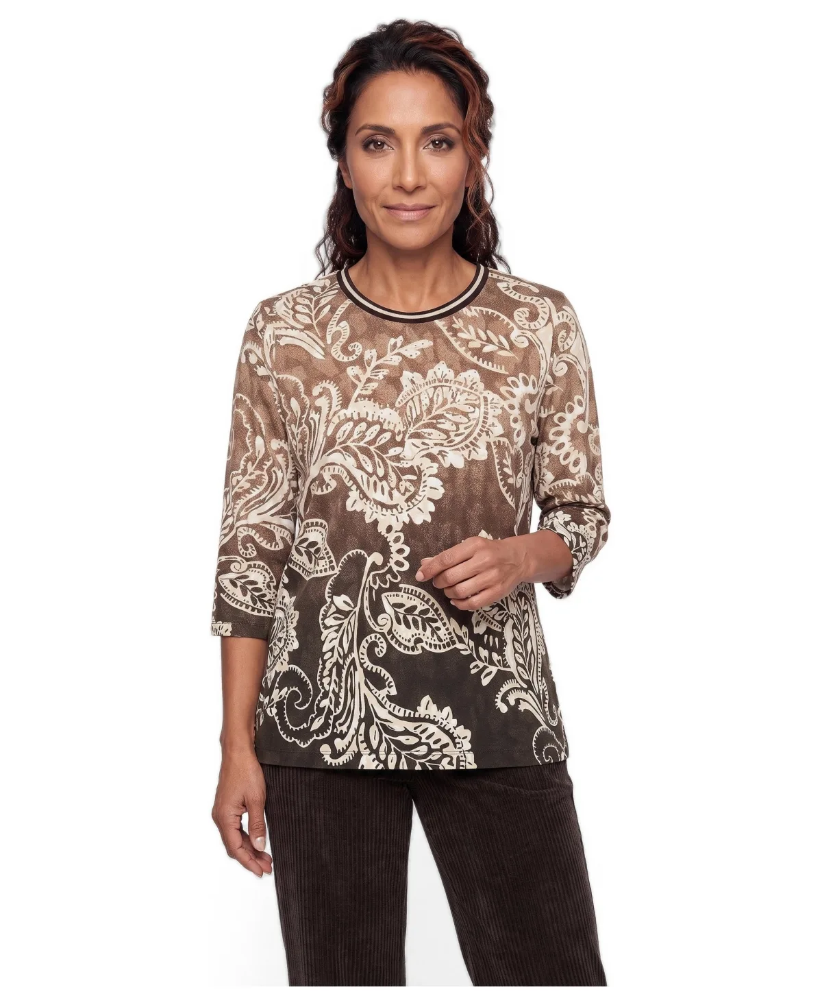 Cotton Crewneck 3/4-Sleeve T-Shirt by Olsen
