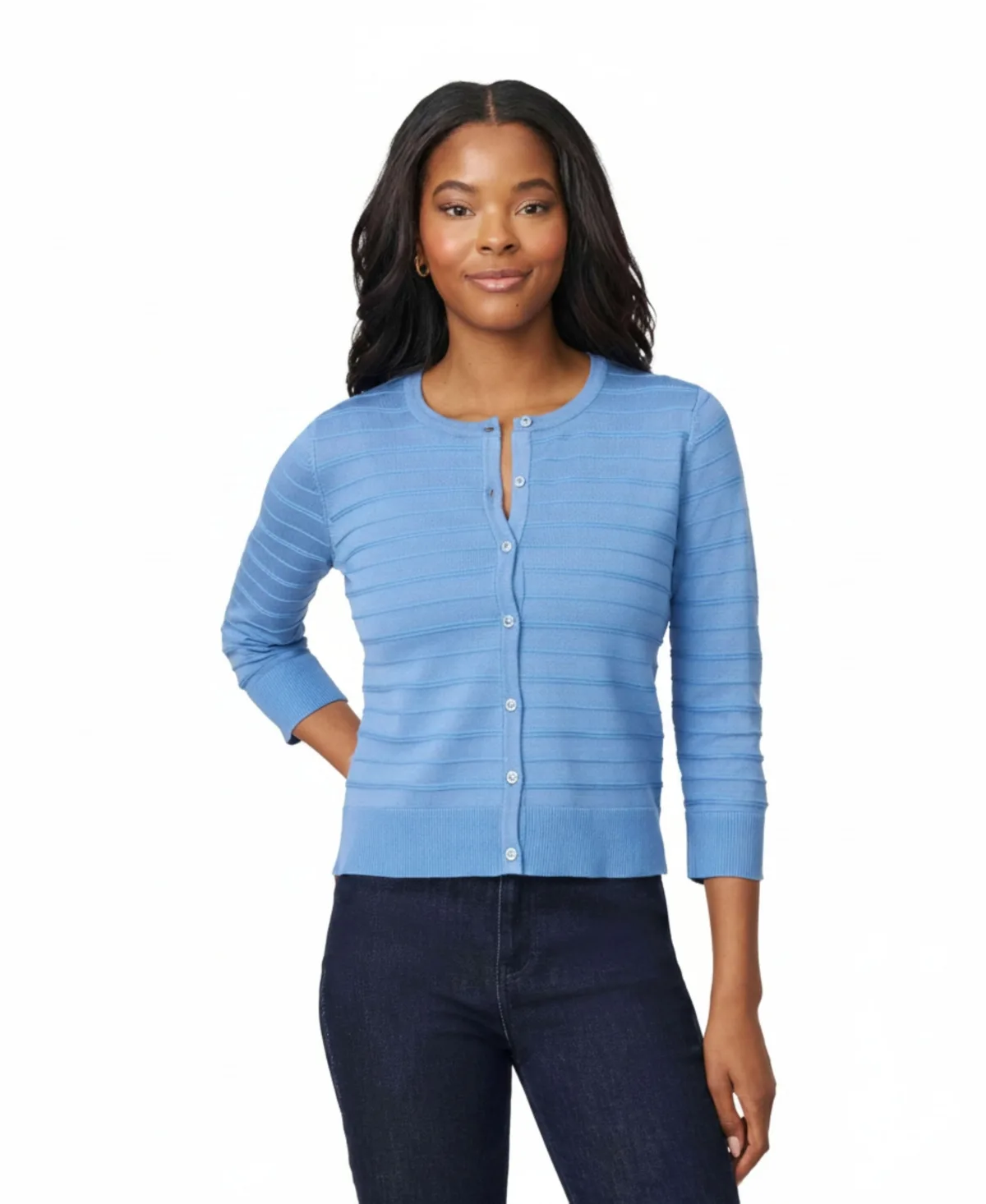 Melissa Paige Ottoman-Rib 3/4-Sleeve Crewneck Cardigan
