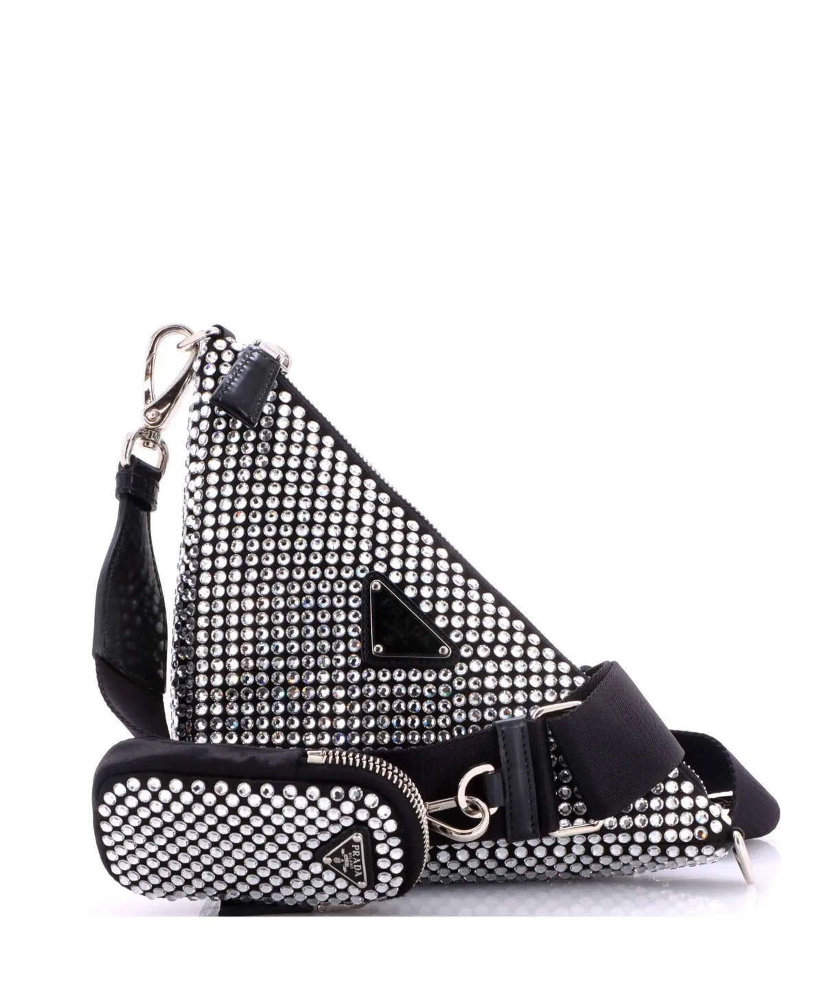 Pre-Owned Small Triangle Logo Zip Crossbody Bag Crystal Embellished Satin by Prada