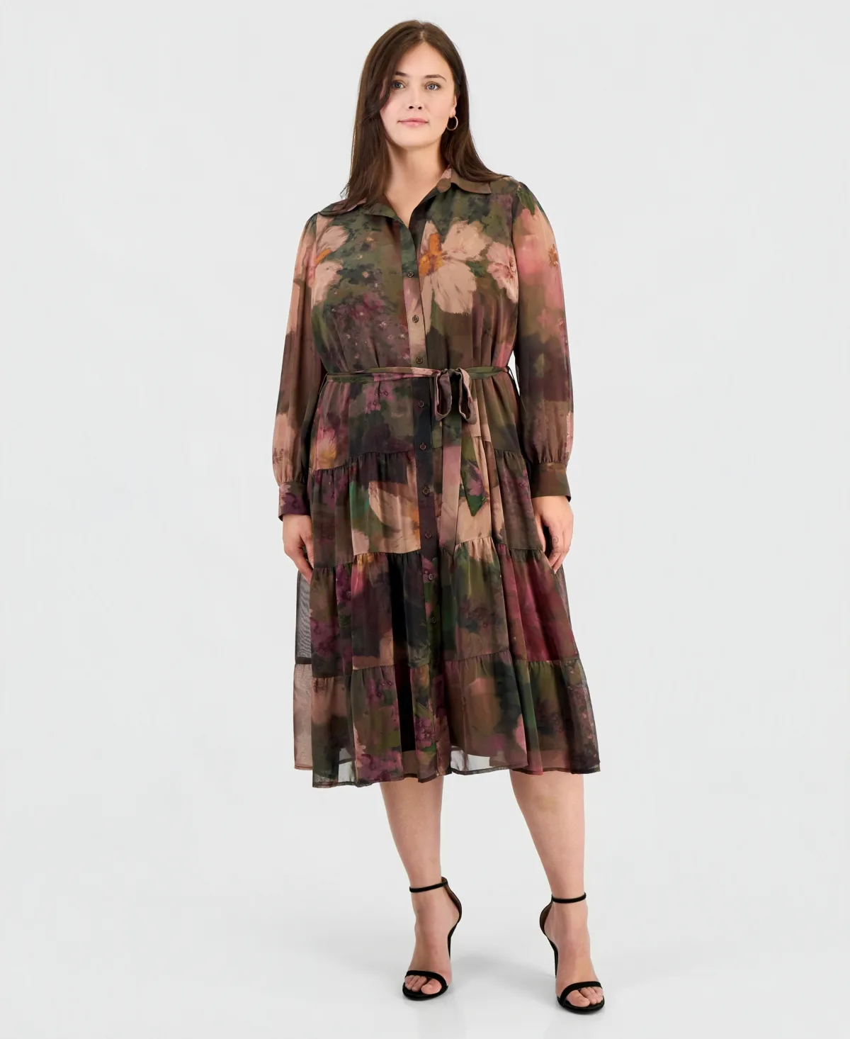 Long-Sleeve Floral-Print Tiered Shirt Dress by Robbie Bee