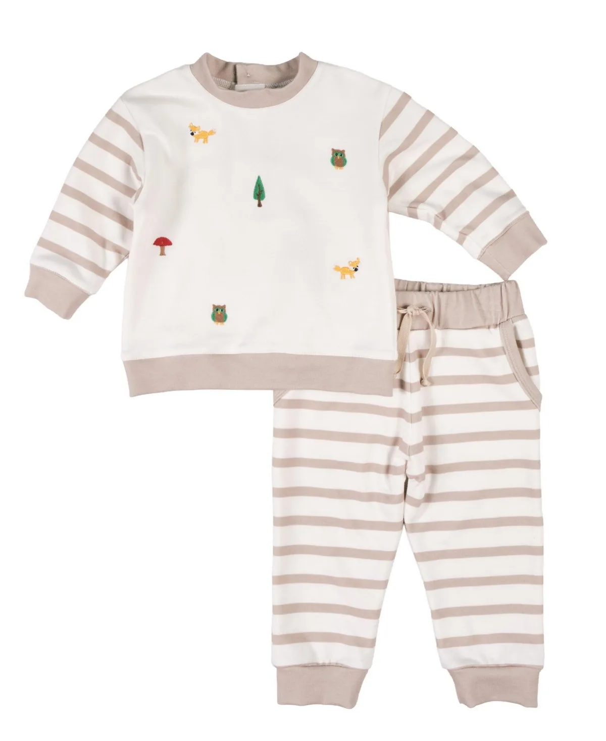 French-Terry Long-Sleeve Embroidered Woodland Animals Top and Pant, 2-Piece Set by Florence Eiseman