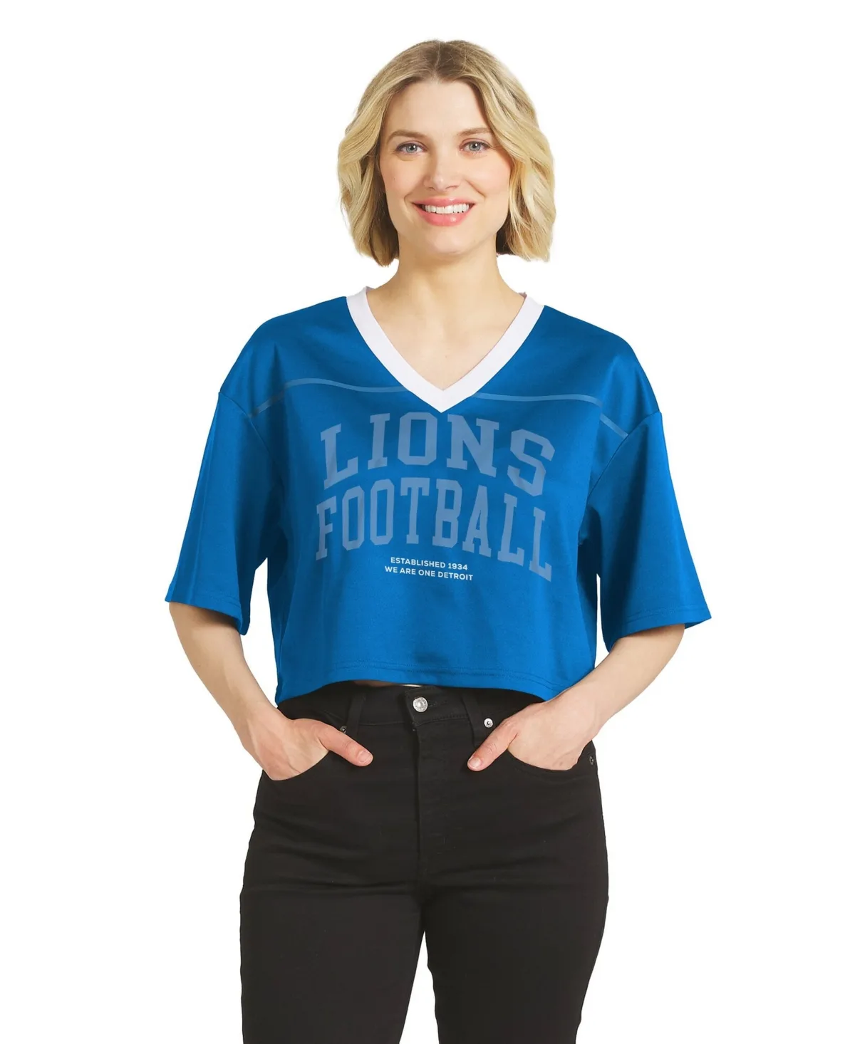 Detroit Lions Cropped V-Neck Jersey T-Shirt by Wear by Erin Andrews