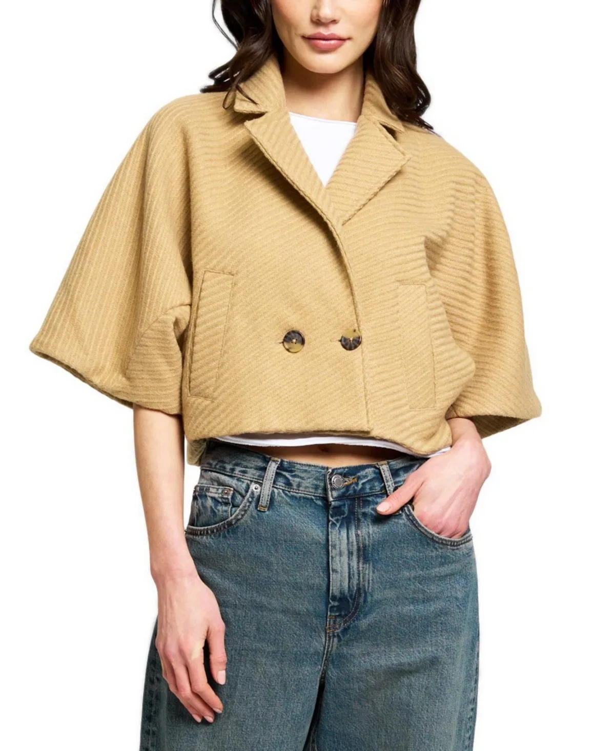 Lyla Cropped Double-Breasted Short-Sleeve Cape Jacket by Central Park West