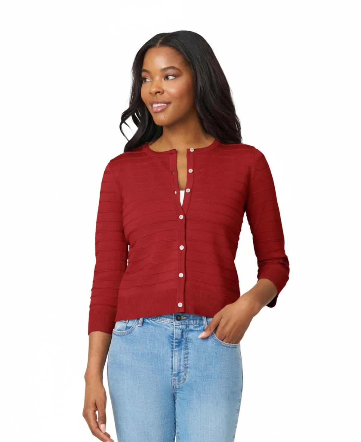 Ottoman-Rib 3/4-Sleeve Crewneck Cardigan