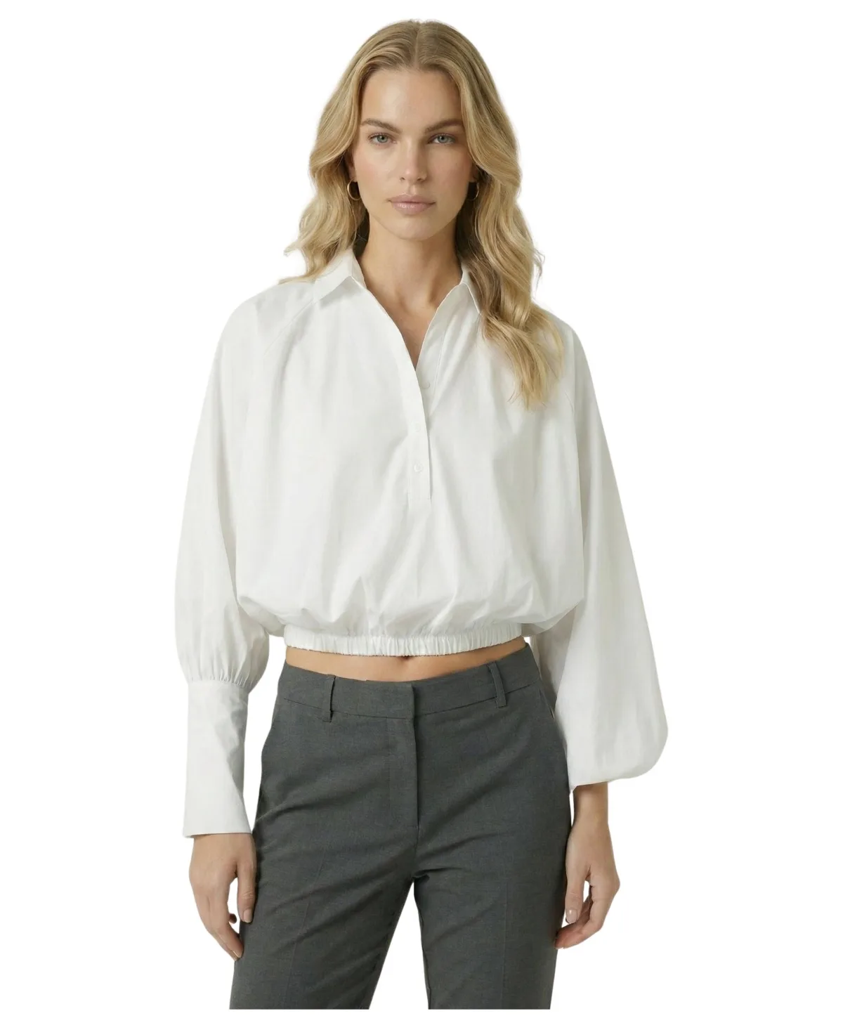 Button-Front Cropped Long-Sleeve Blouse by Modenaire