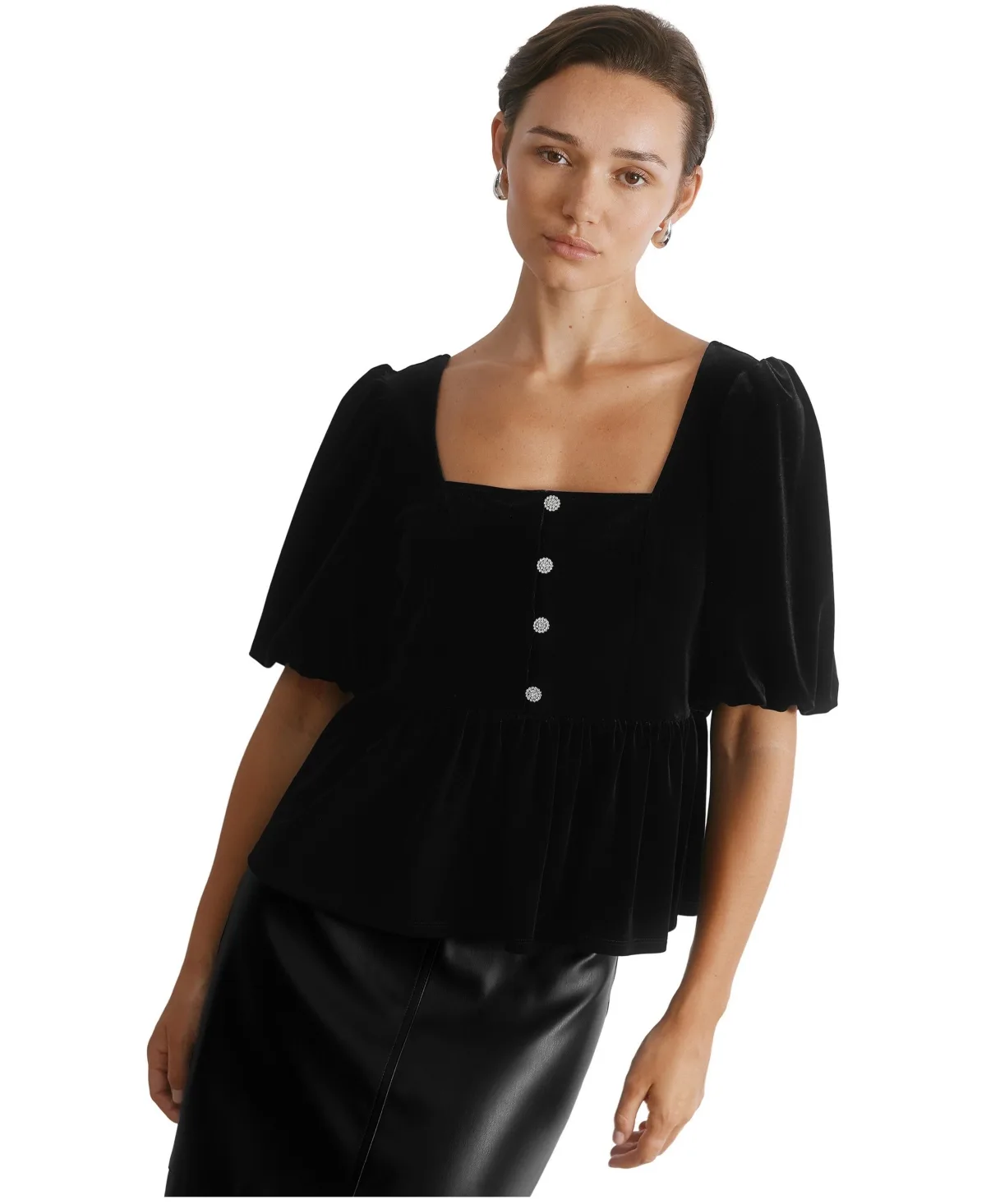 Square-Neck Puff-Sleeve Velvet Top by Albaray