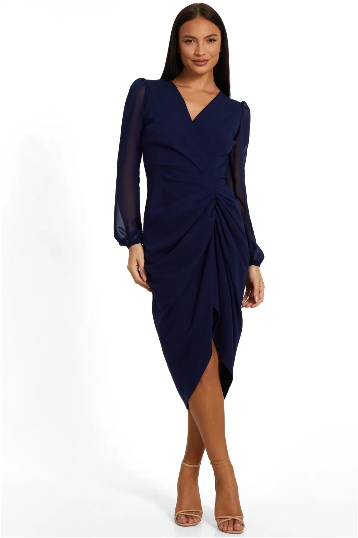 Scuba Crepe Front Wrap Chiffon Sleeve Midi Dress by Quiz