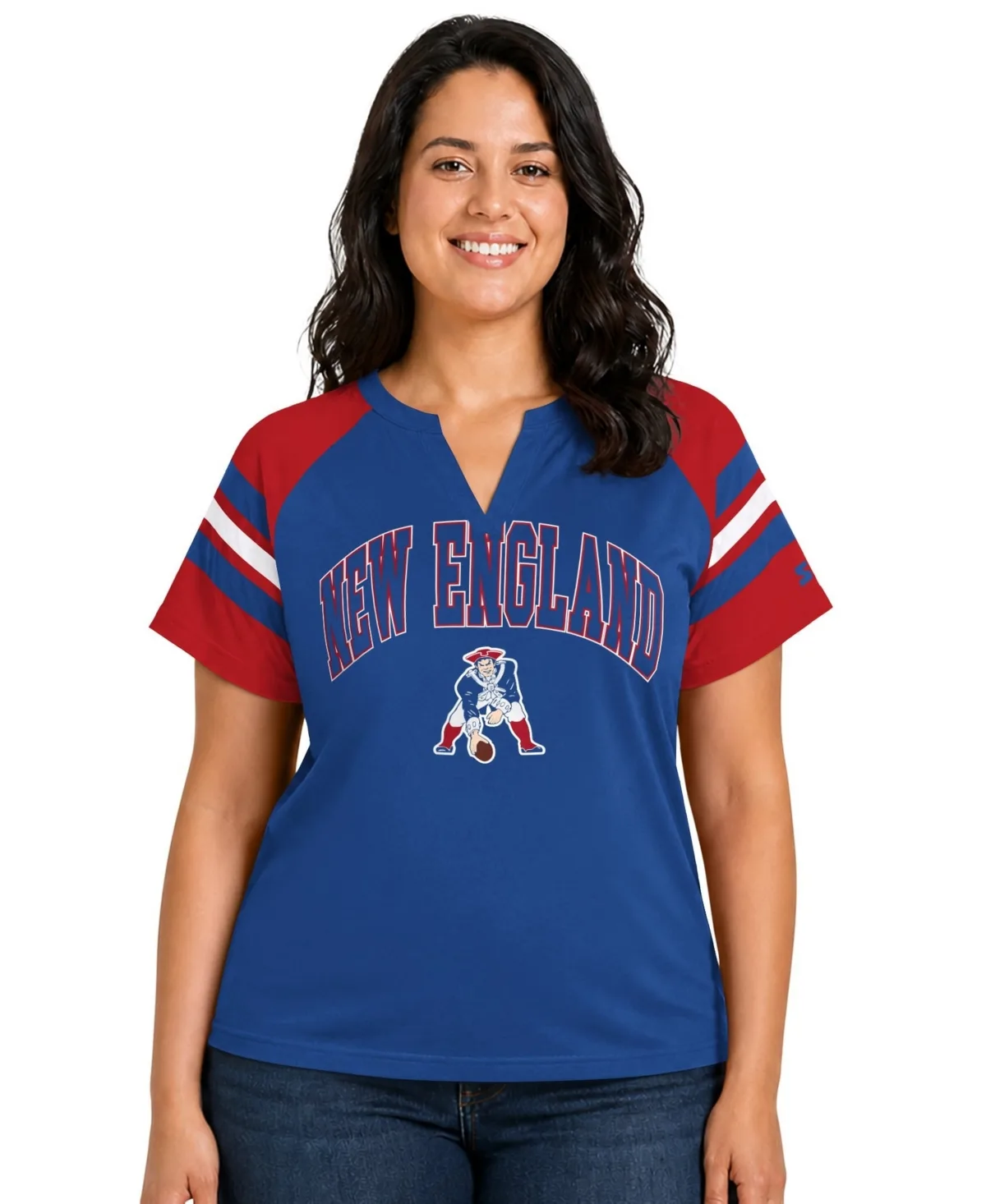 New England Patriots Throwback Game on Notch Neck Raglan T-Shirt
