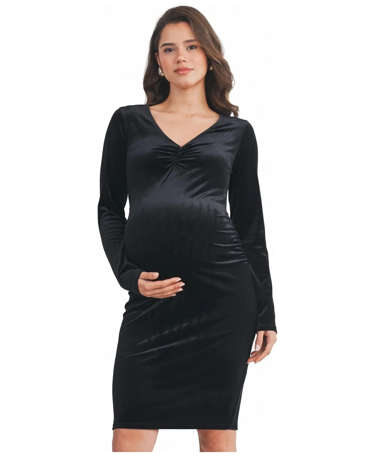 Velvet Side Ruched Long Sleeve Dress by Hello Miz