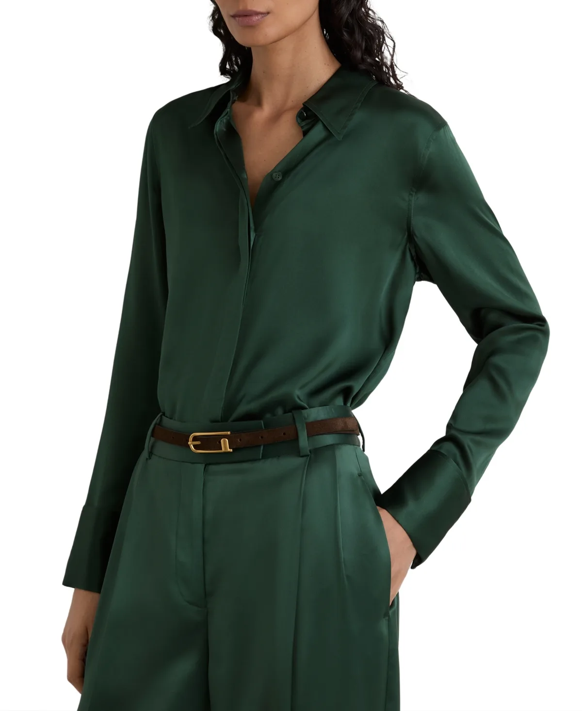 Ameira Long-Sleeve Silk Satin Pointed-Collar Blouse by Reiss