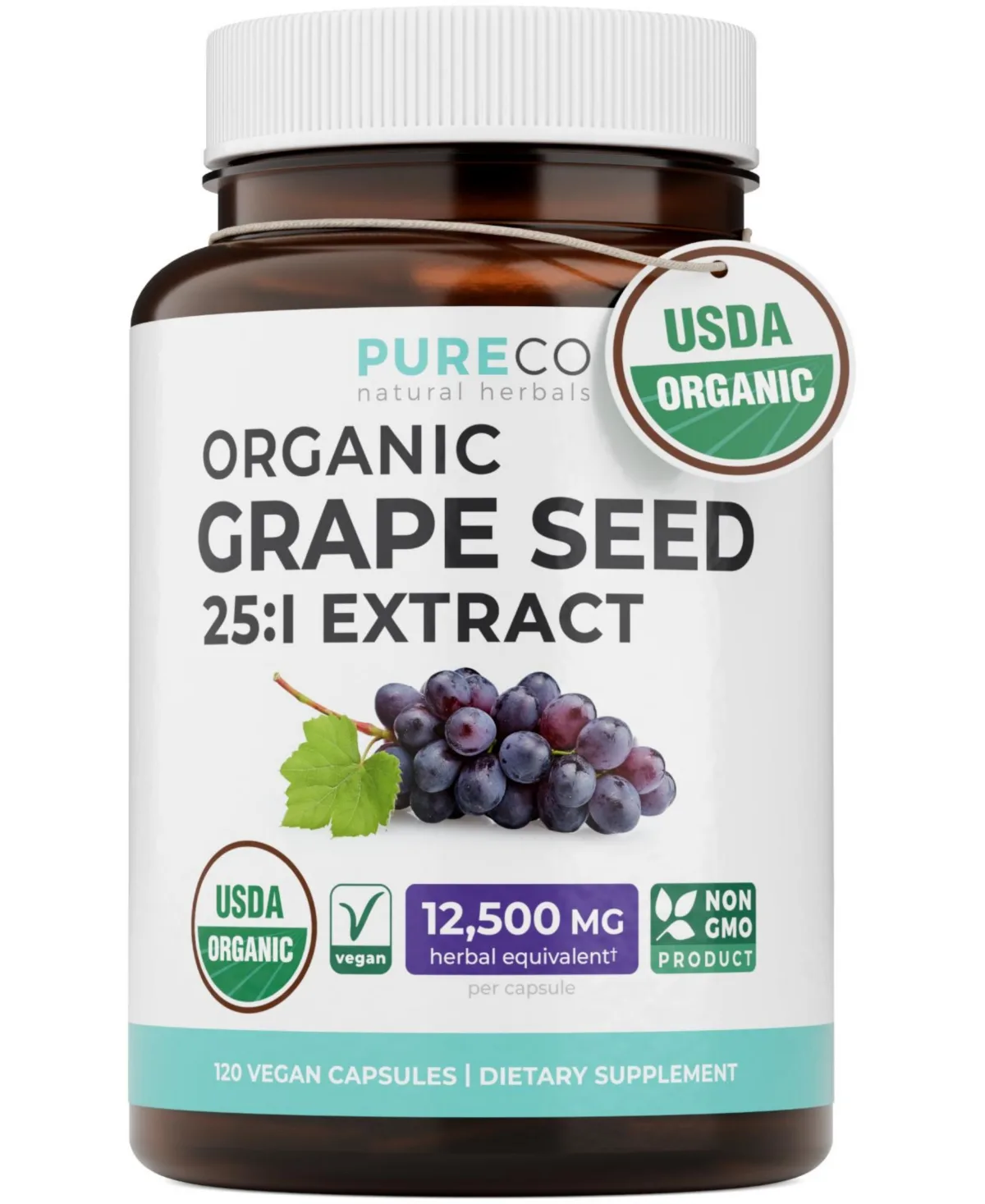 Grape Seed Extract Capsules, 25:1 Grape Seed Extract, 12,500 Milligram Herbal Equivalent, 120 Capsules by Pure Co