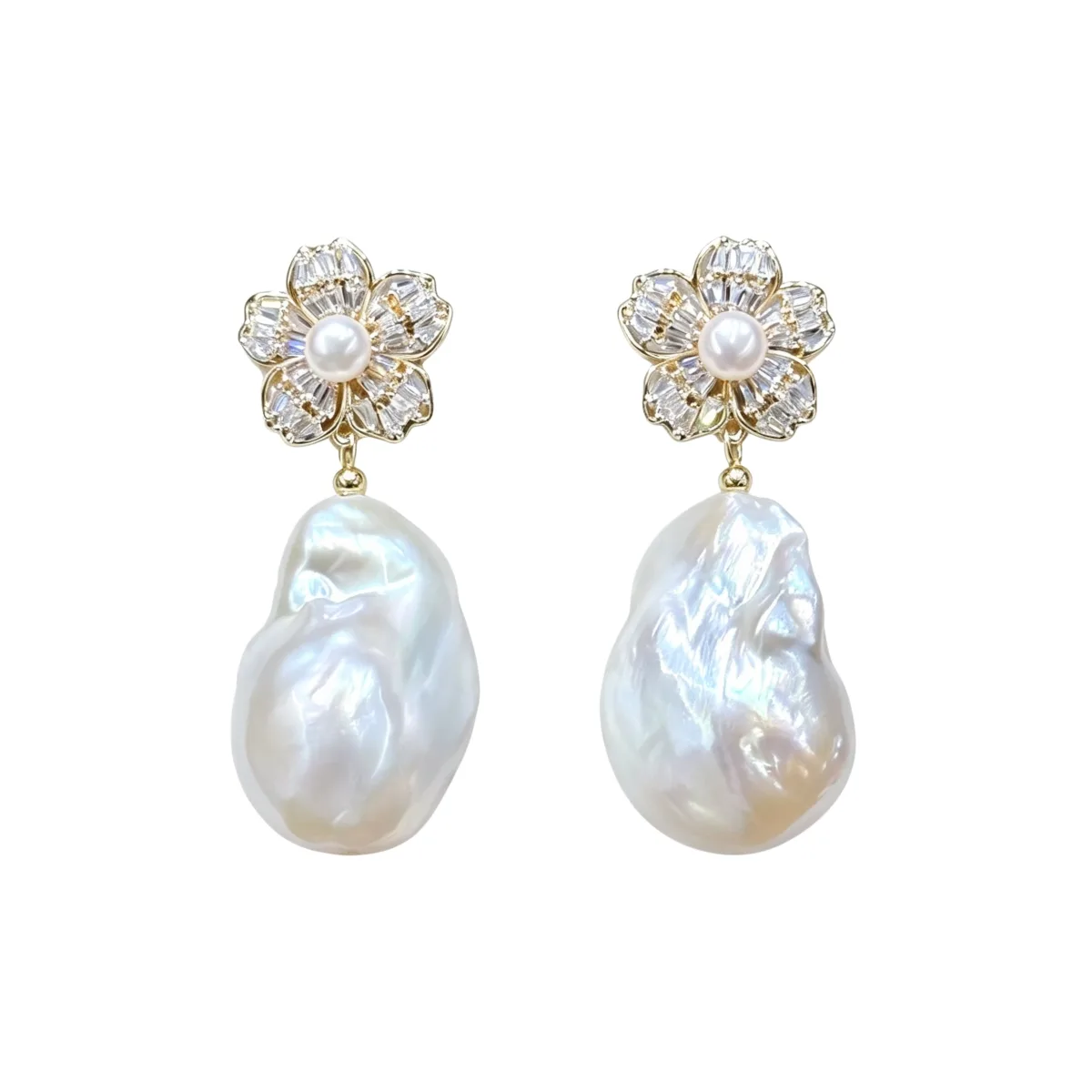 14k Gold Imitation Pearl and Crystal Bridal Floral Drop Earrings by Untamed Petals