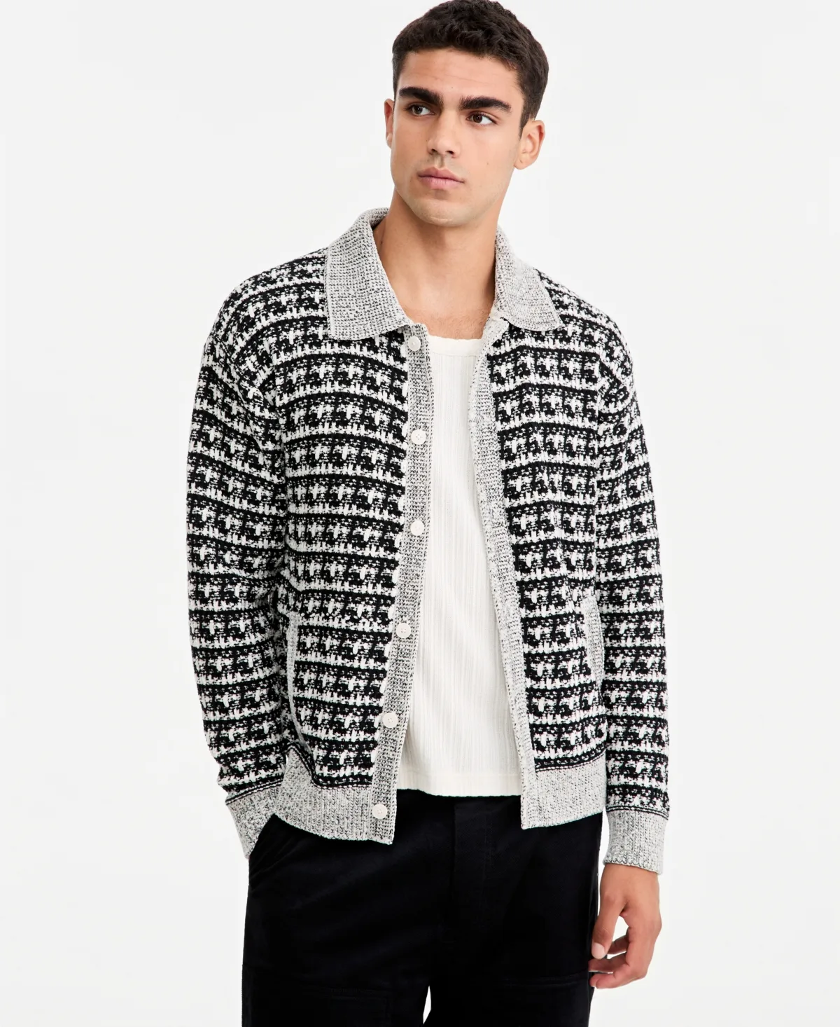 Geometric-Print Spread-Collar Ribbed-Cuff Cardigan by Mode of One
