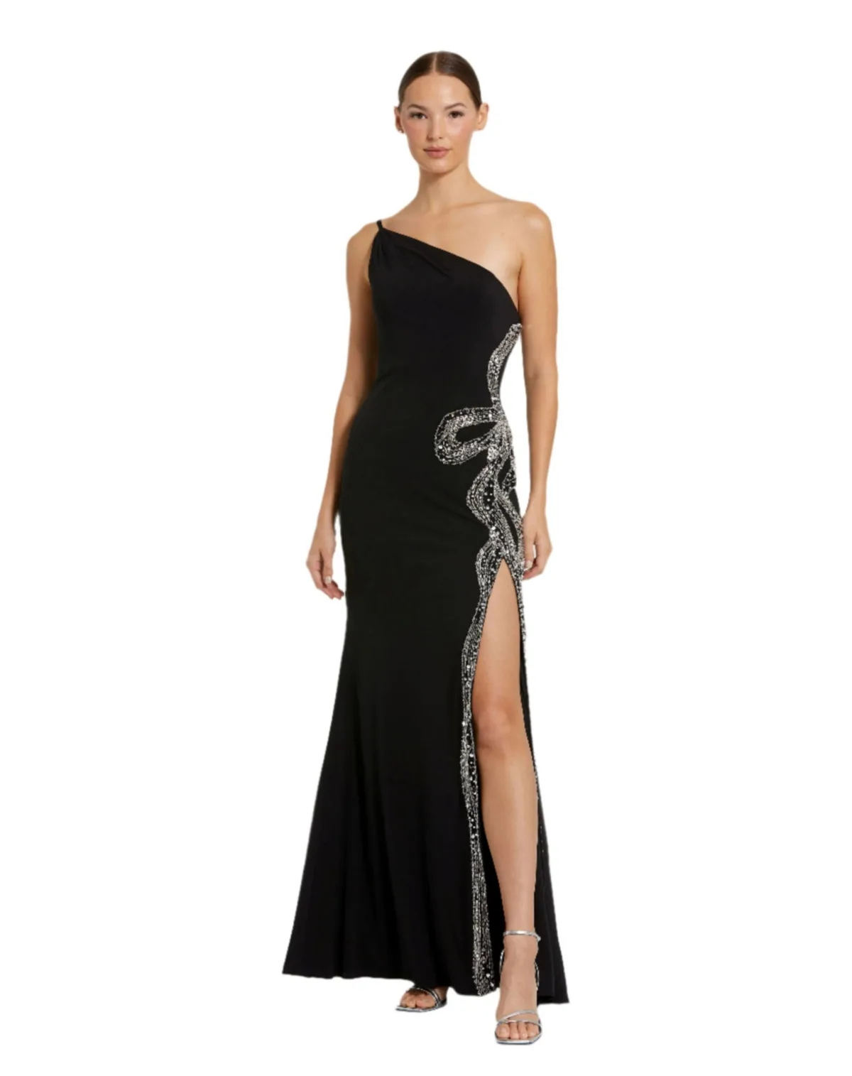 Mac Duggal One Shoulder Jersey Gown with Embellished Cut Out by M.A.C.