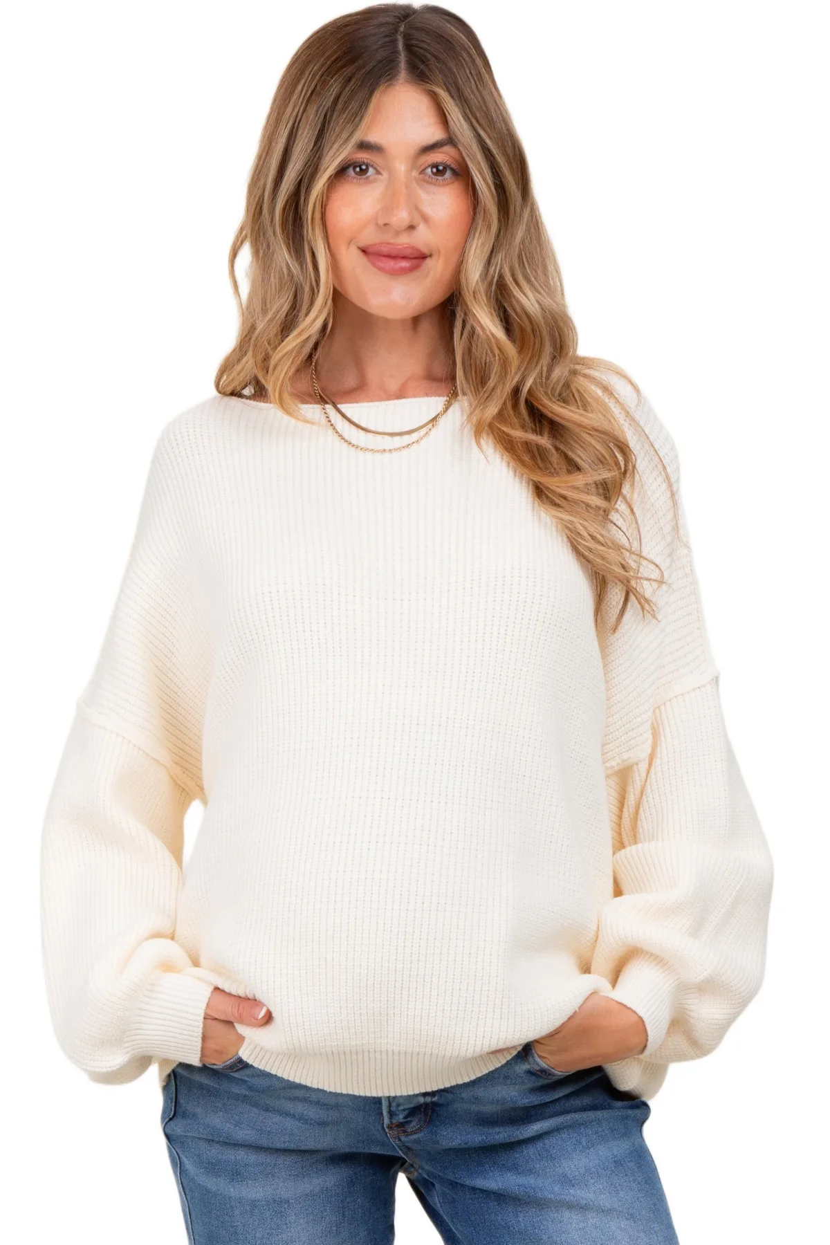 Balloon Sleeve Boat Neck Knit Sweater by PinkBlush