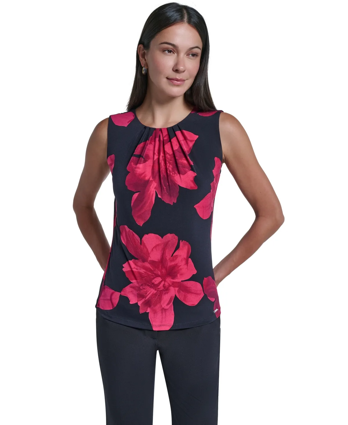 Floral-Print Pleated Sleeveless Blouse by Calvin Klein