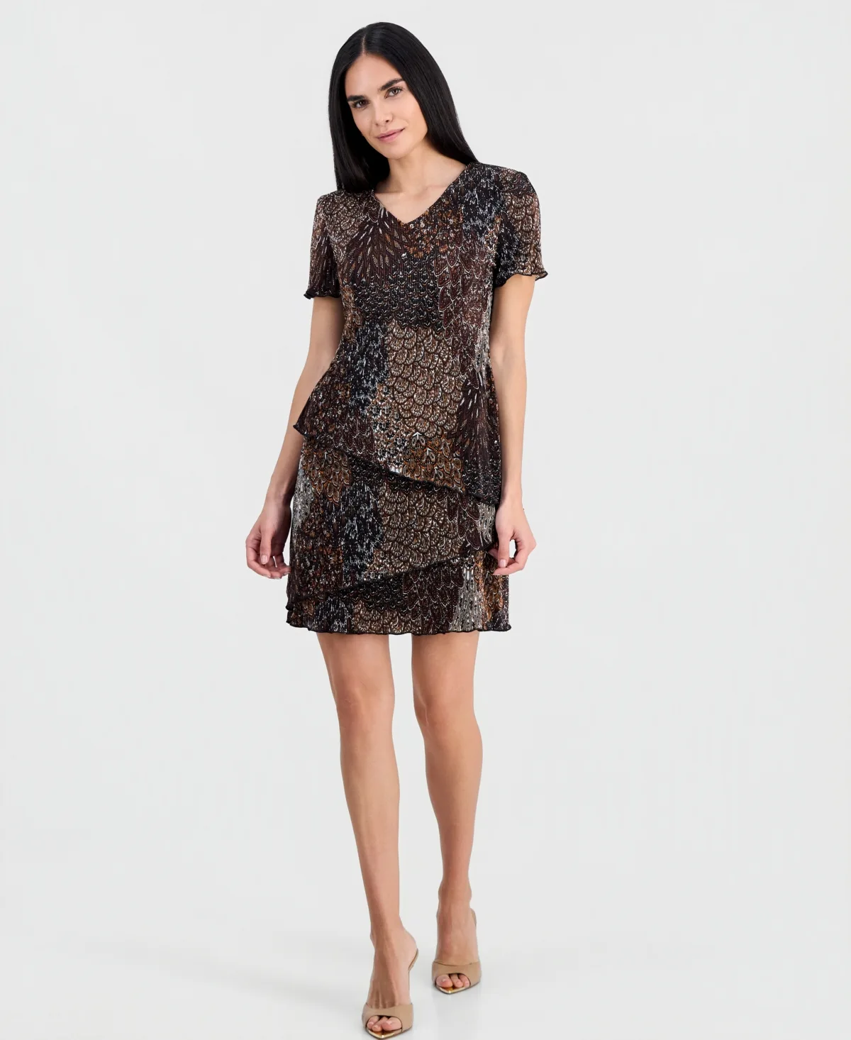 Printed Asymmetric Tiered V-Neck Dress by Connected