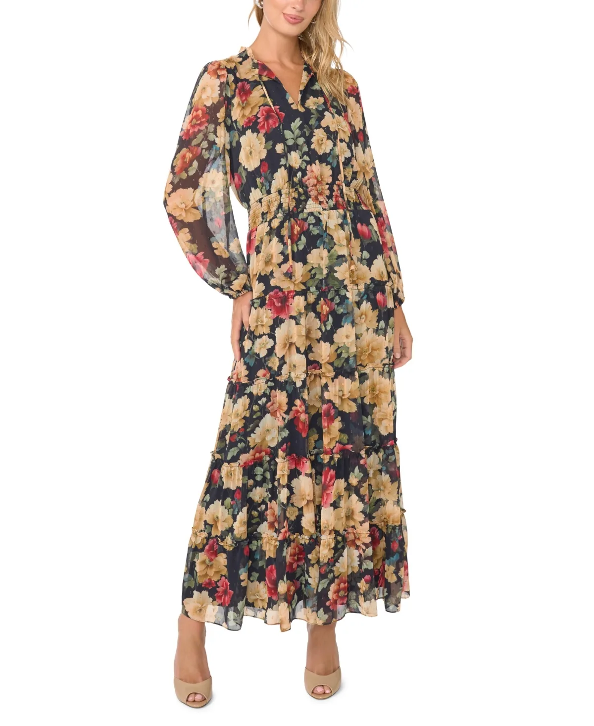 Floral-Print Long-Sleeve Smocked Maxi Dress by Vince Camuto