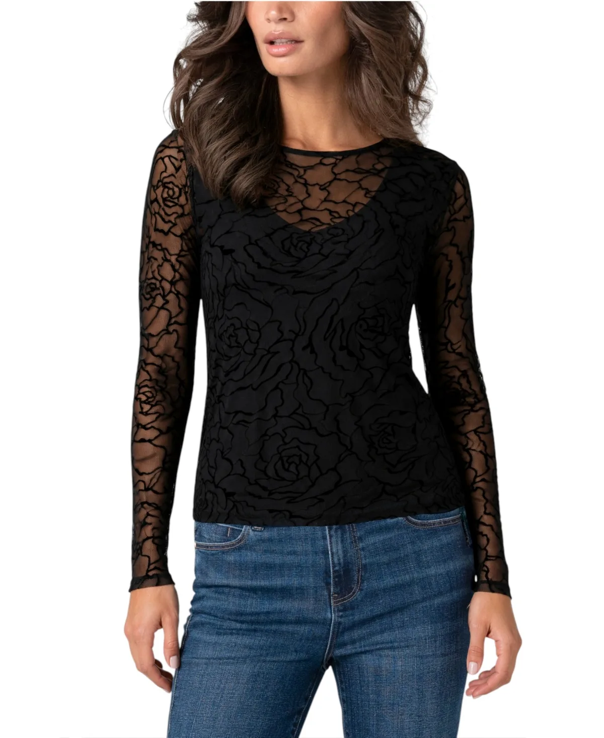 Long Sleeve Floral Mesh Top by Liverpool Los Angeles