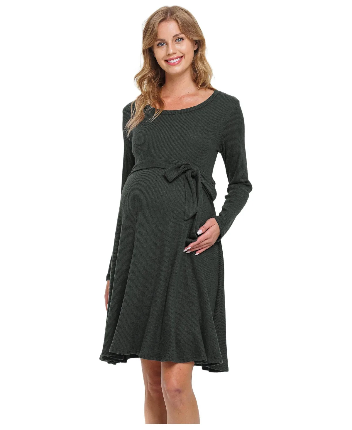 Maternity Rib Knit Empire Waist Long Sleeve Knee-Length Dress by Hello Miz