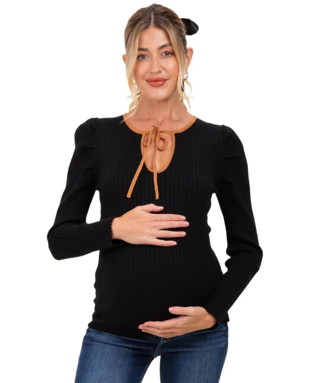 Maternity Ribbed Knit Cutout Tie Front Long-Sleeve Top by PinkBlush
