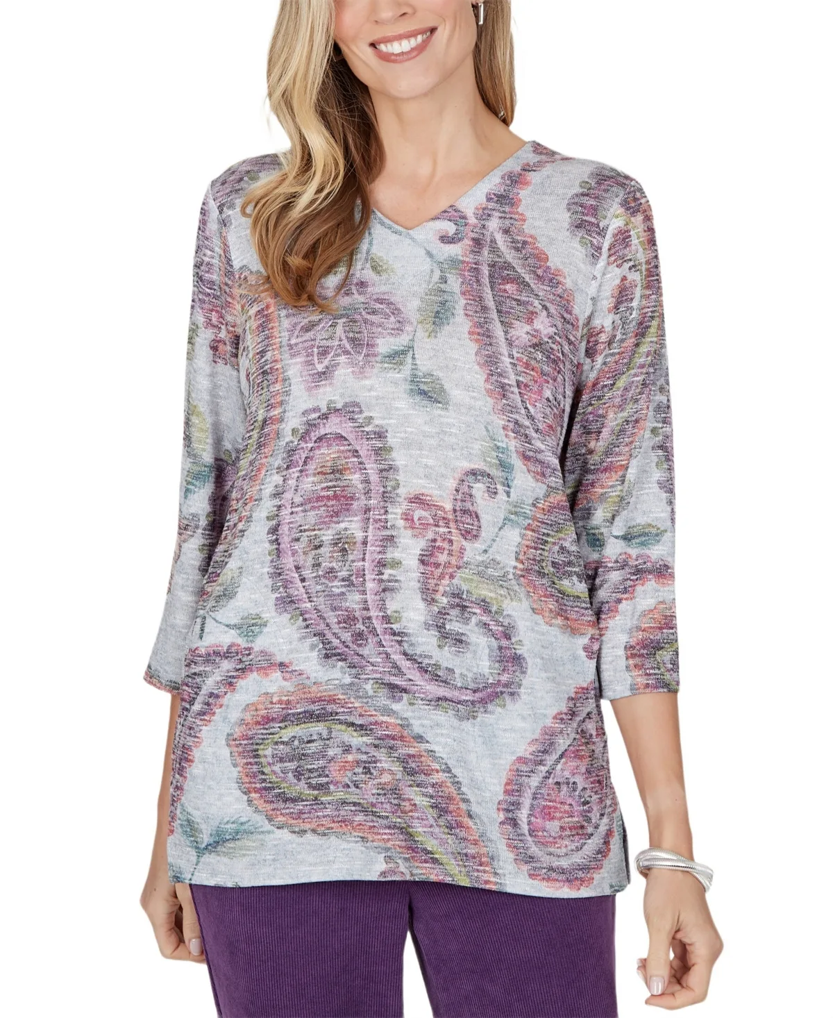 Paisley V-Neck 3/4 Sleeve Pullover