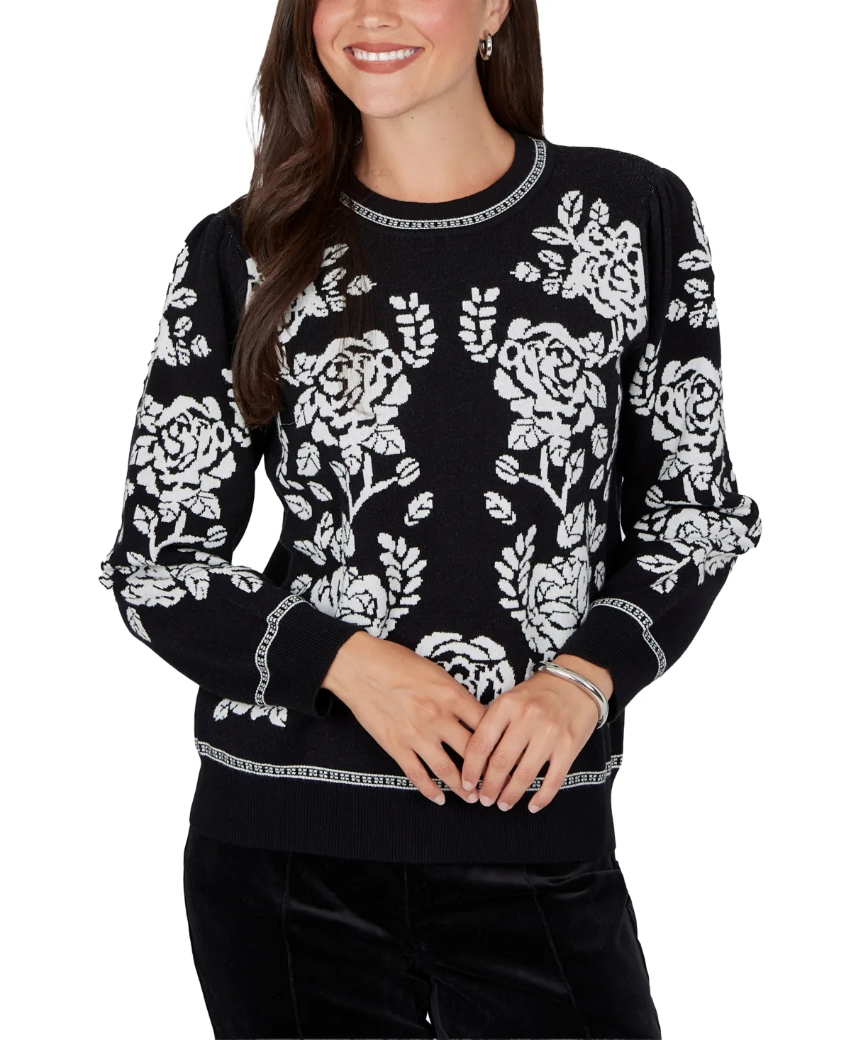 Floral-Print Crewneck Long-Sleeve Pullover Sweater by Ruby Rd
