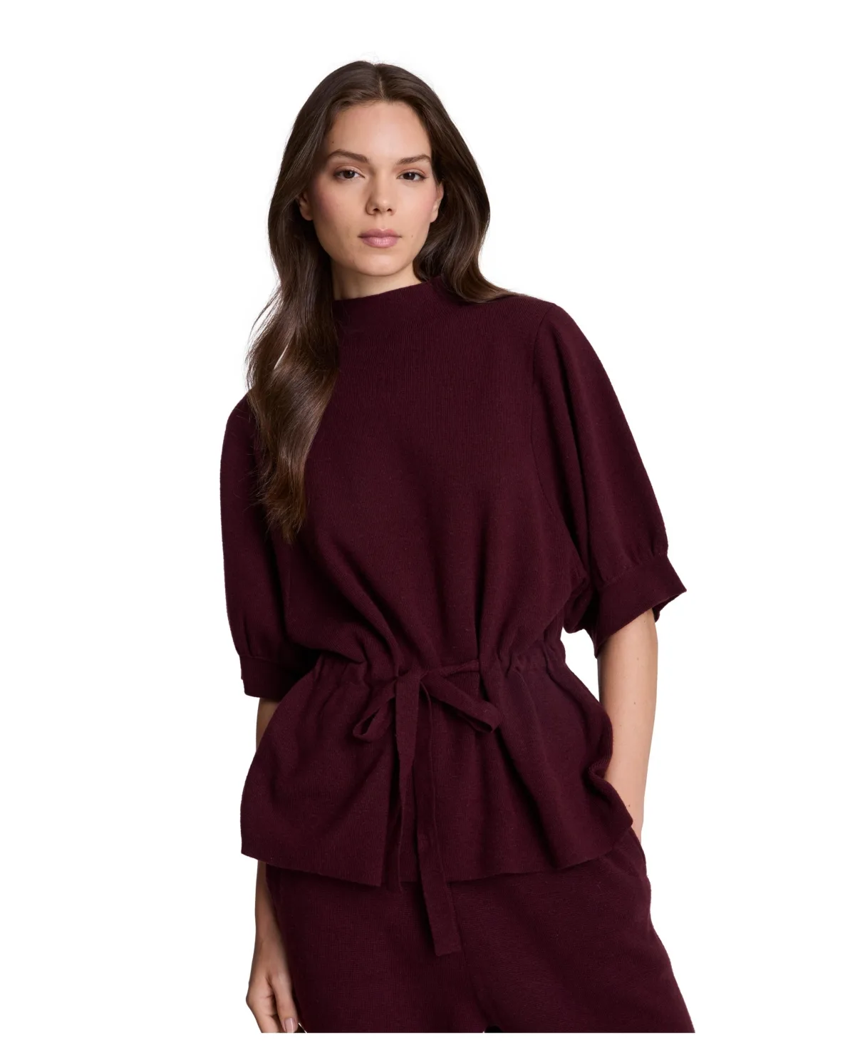 Short Sleeve Tunnel Belt Mockneck Knit Sweater