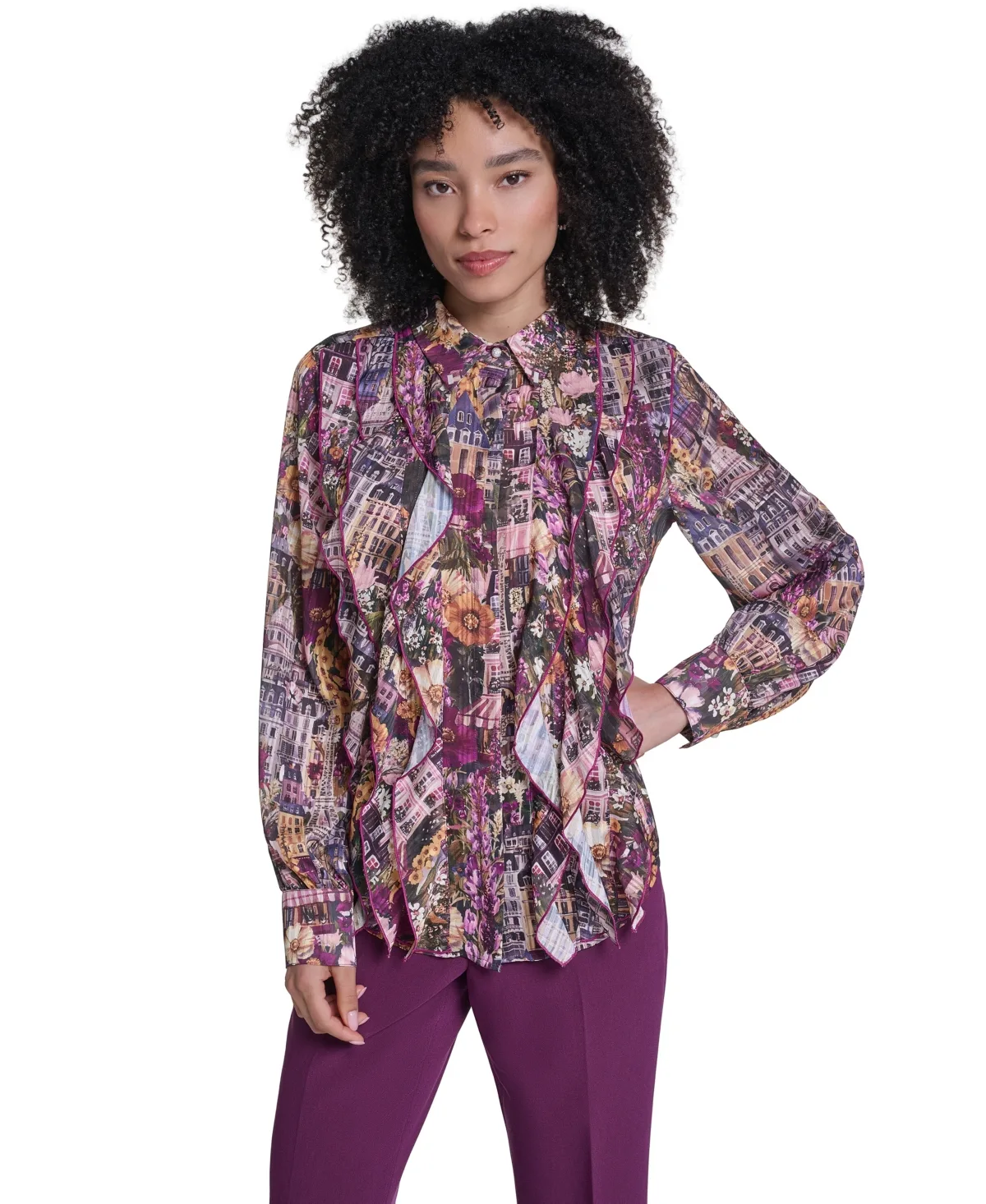 Long-Sleeve Collared Ruffle-Trim Blouse by Karl Lagerfeld