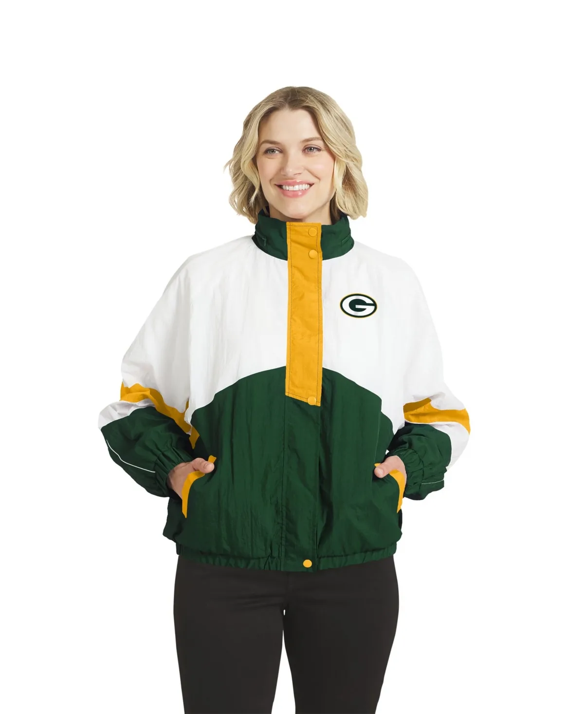 Green Bay Packers Crinkle Full-Zip Hooded Windbreaker Jacket by Wear by Erin Andrews