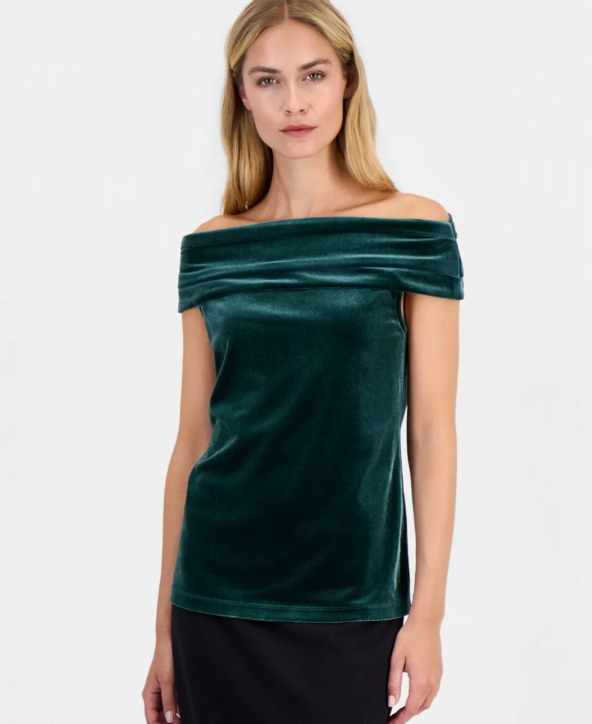 Off-the-Shoulder Ruched Velvet T-Shirt by Anne Klein