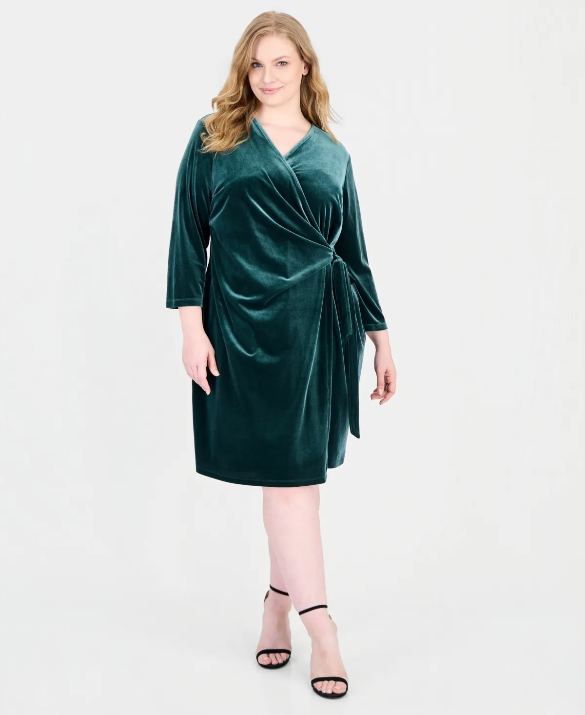 Classic Wrap V-Neck 3/4-Sleeve Faux Wrap Dress by Anne Klein